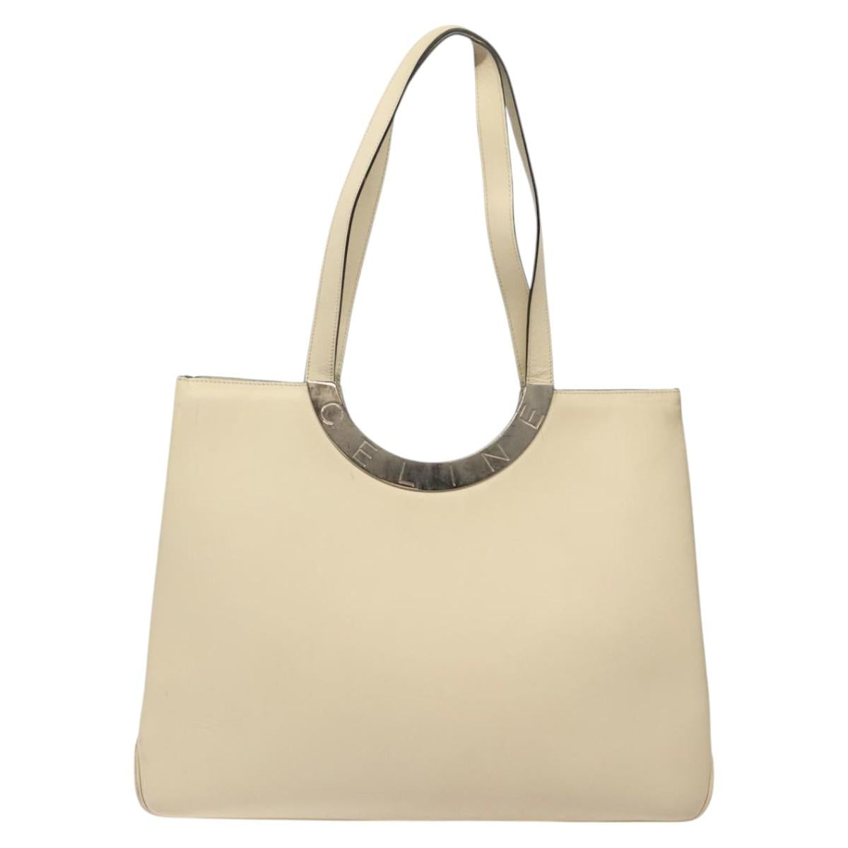 CELINE Tote Bag Leather Beige Silver Auth 119026