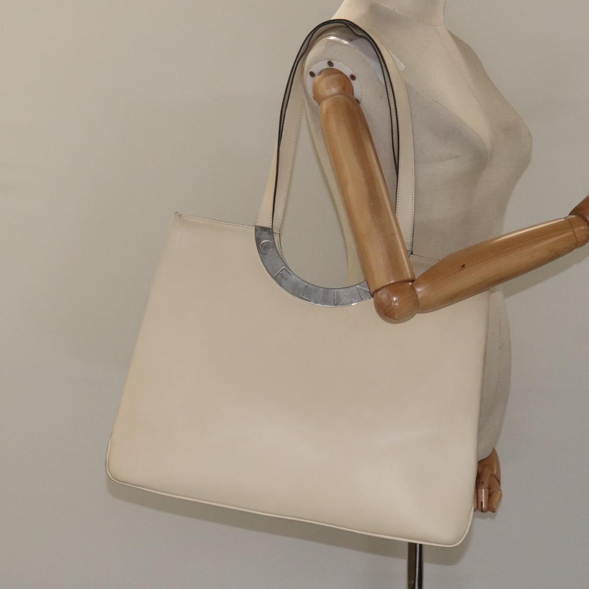 CELINE Tote Bag Leather Beige Silver Auth 119026