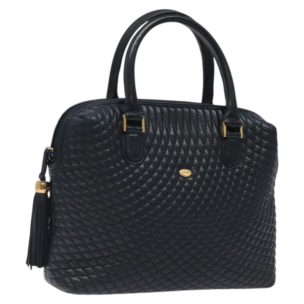BALLY Hand Bag Leather Navy Gold Auth 119027