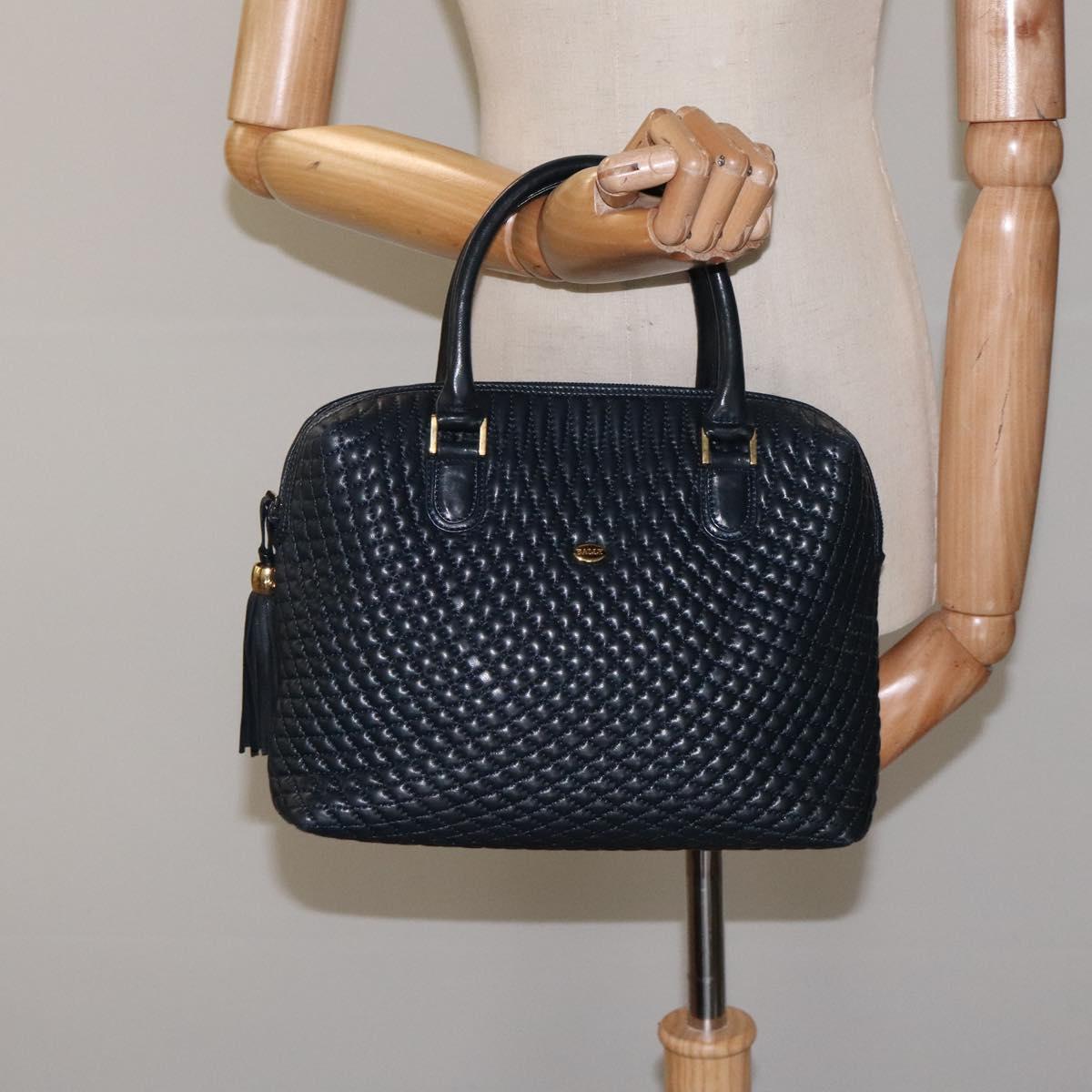 BALLY Hand Bag Leather Navy Gold Auth 119027