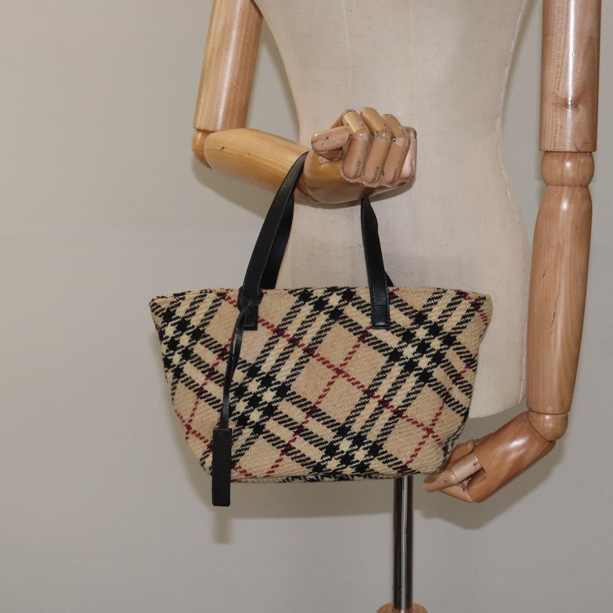 BURBERRY Hand Bag Wool Beige Gold Auth 119051