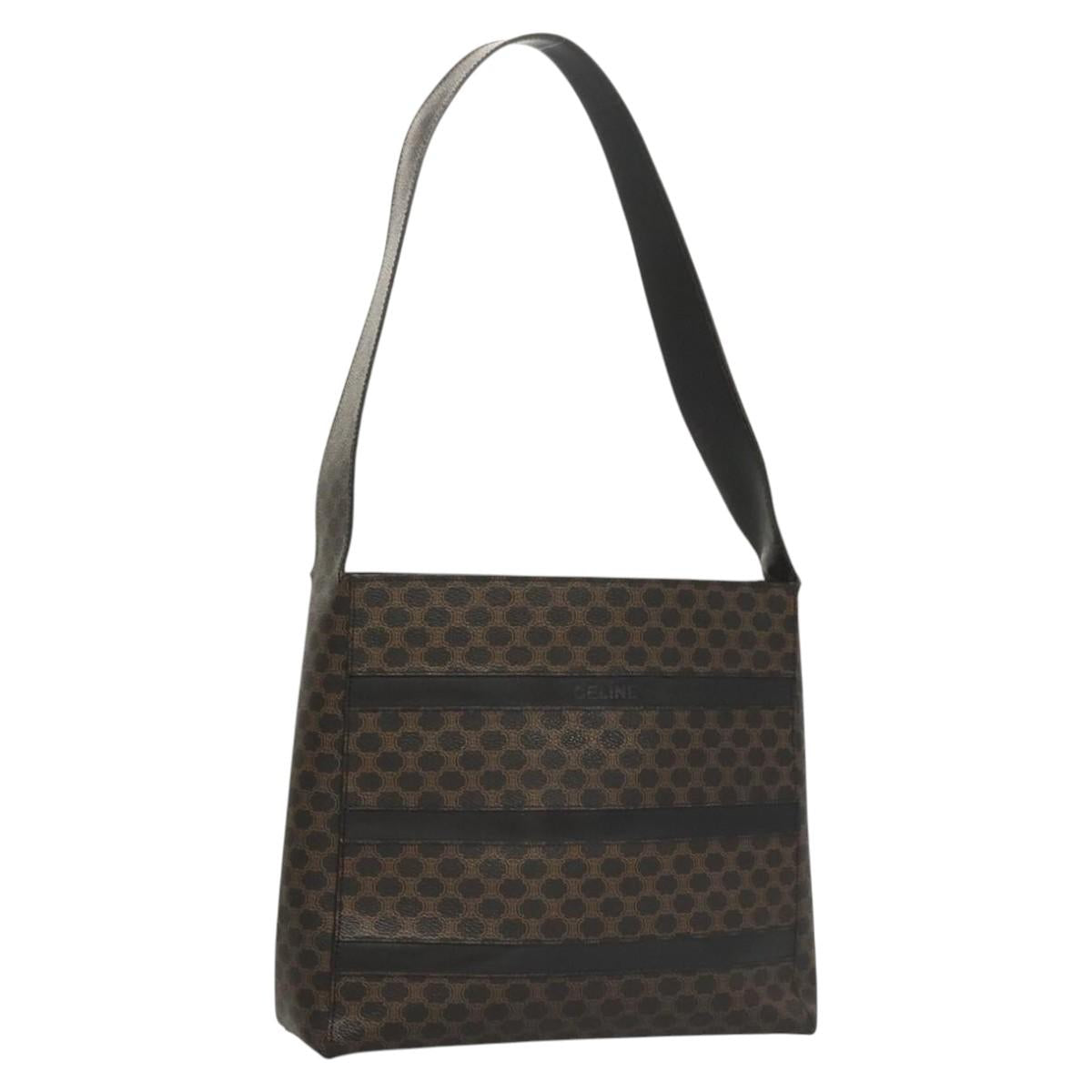 CELINE Macadam Canvas Shoulder Bag PVC Leather Black Gold Auth 119071