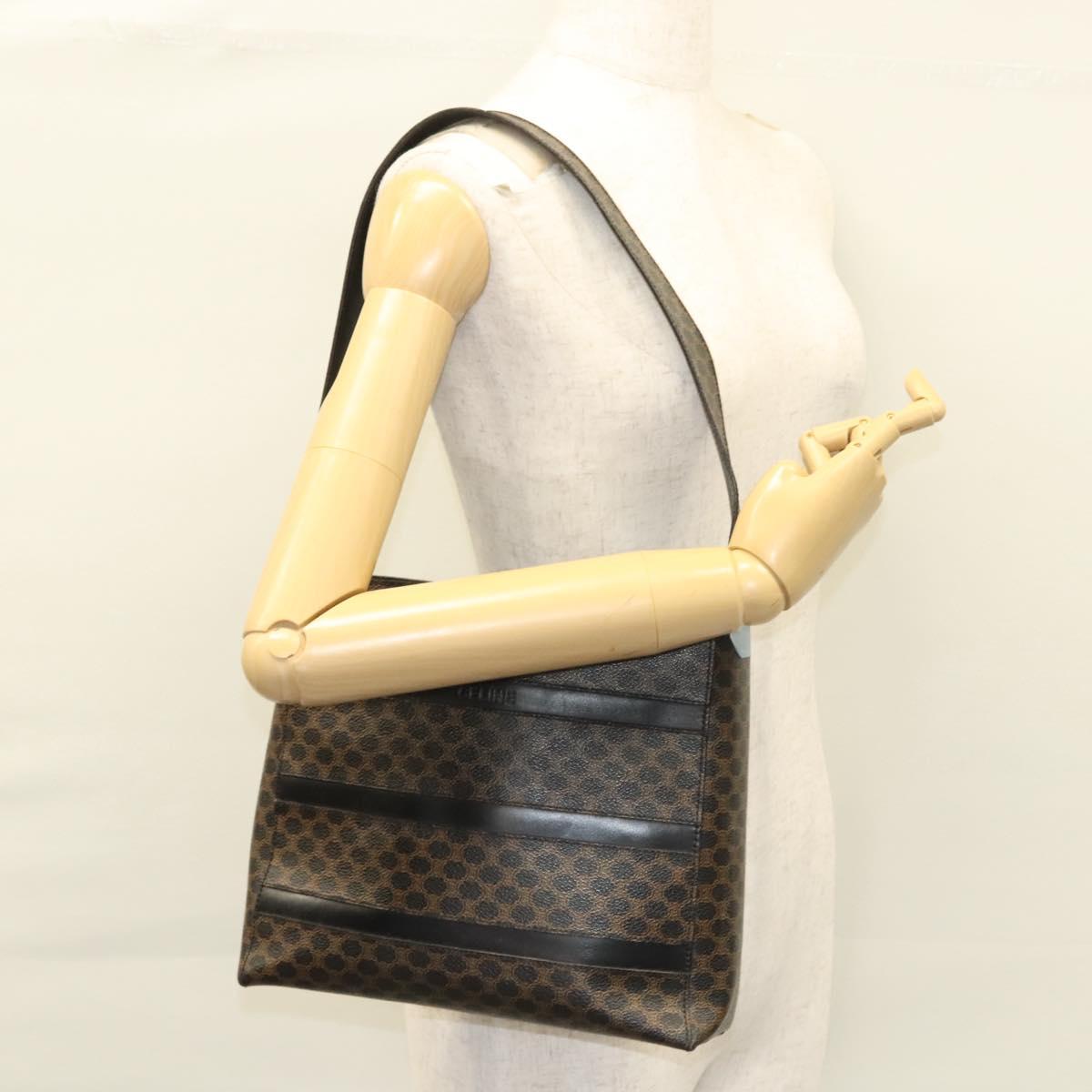 CELINE Macadam Canvas Shoulder Bag PVC Leather Black Gold Auth 119071