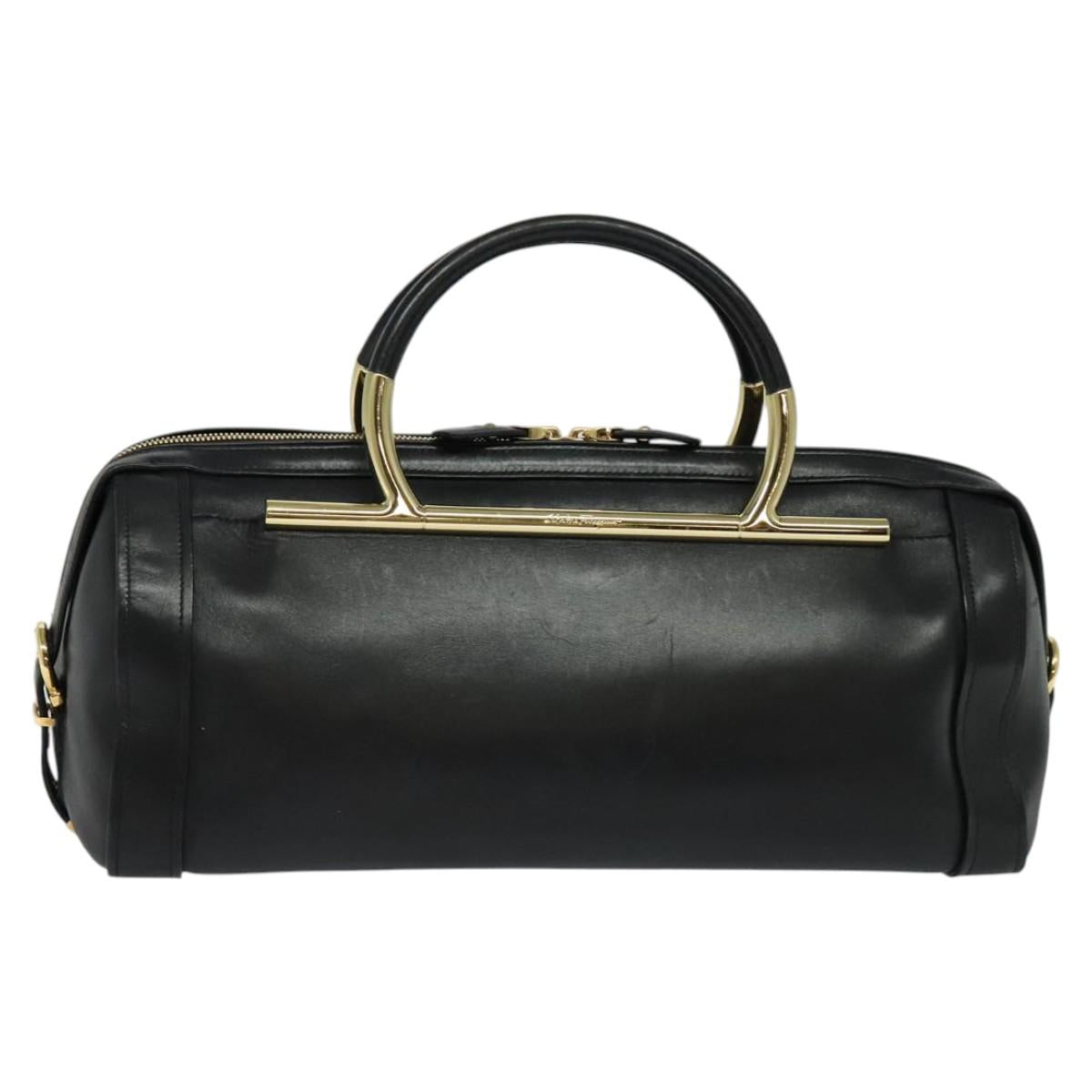 Salvatore Ferragamo Gancini Hand Bag Leather Black Gold Auth 119077