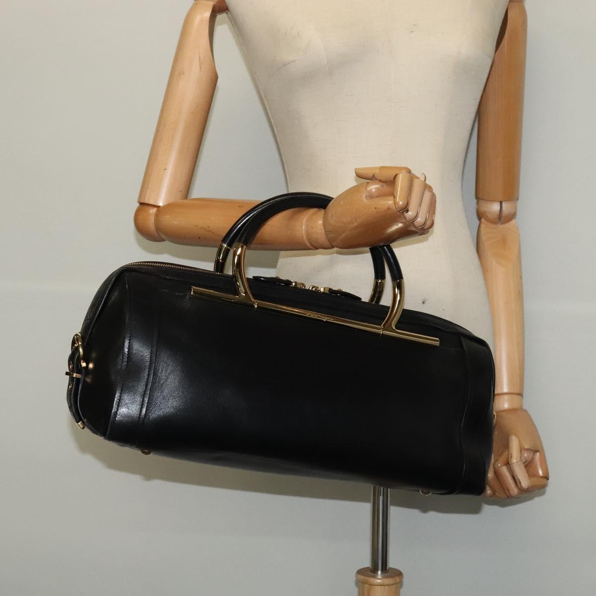Salvatore Ferragamo Gancini Hand Bag Leather Black Gold Auth 119077