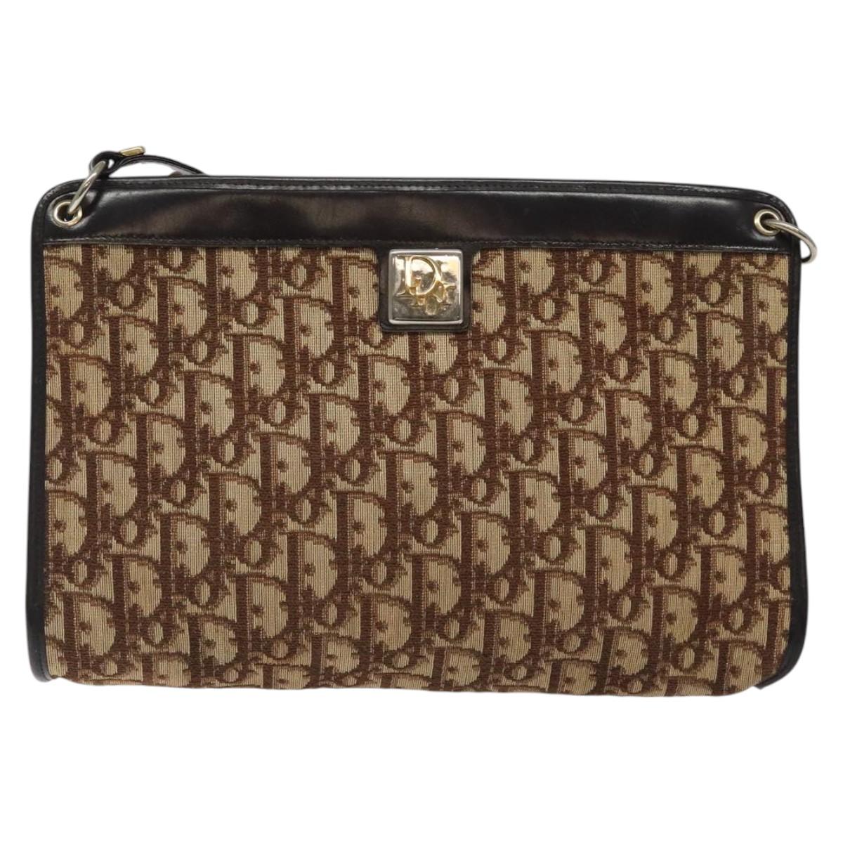 Christian Dior Trotter Canvas Shoulder Bag Brown Gold Auth 119091