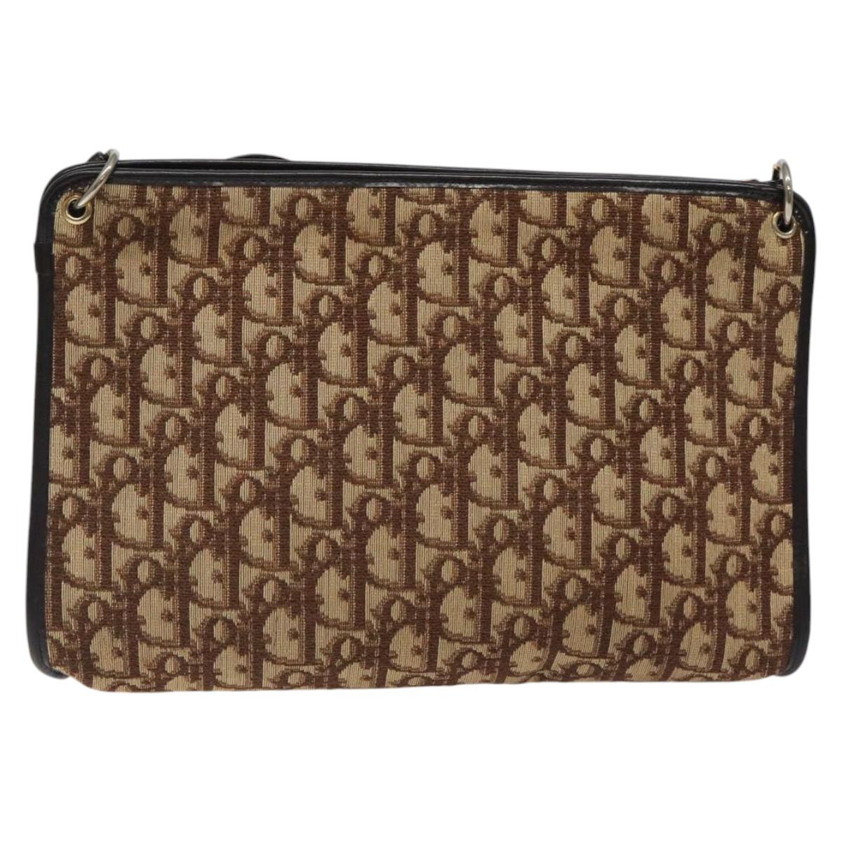 Christian Dior Trotter Canvas Shoulder Bag Brown Gold Auth 119091