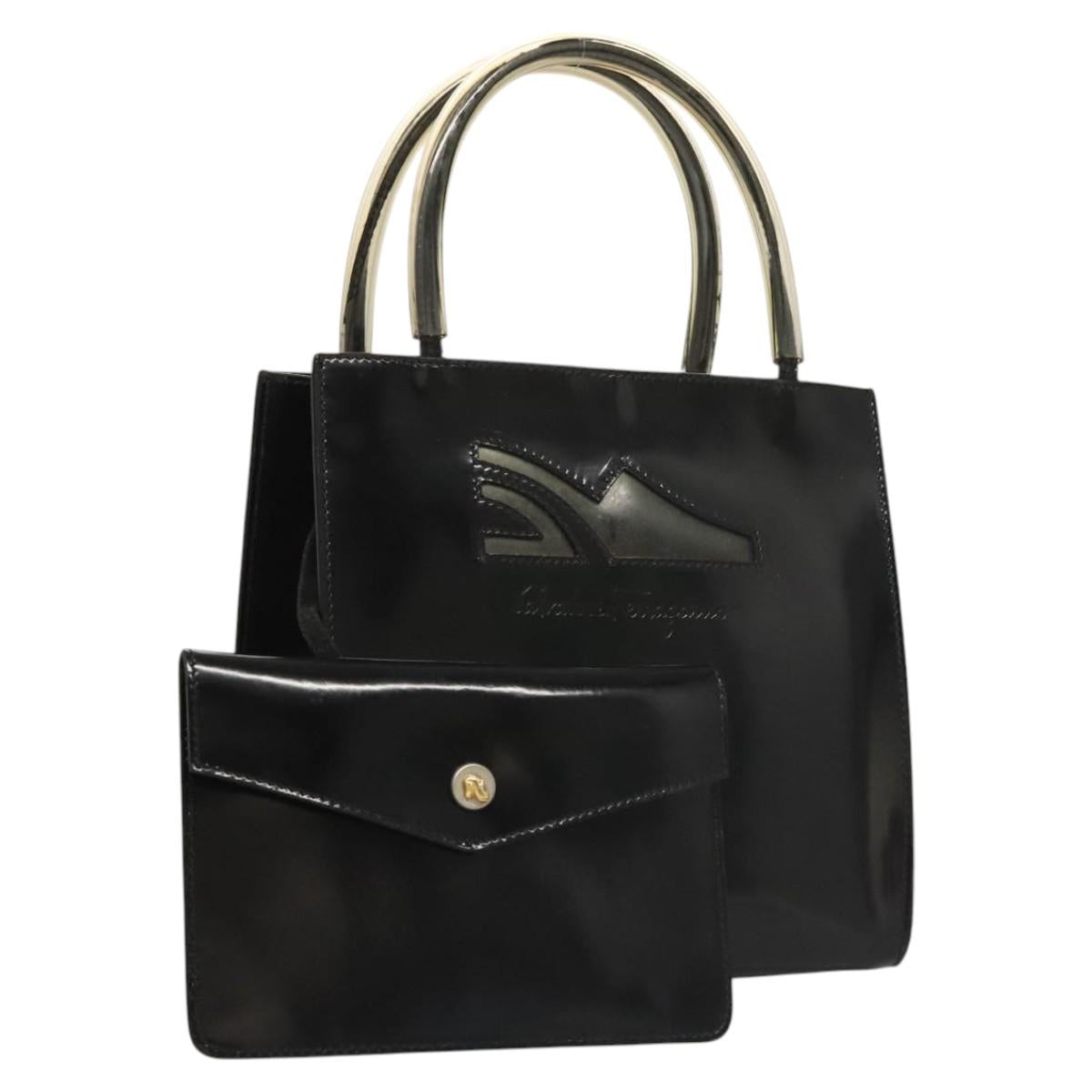 Salvatore Ferragamo Hand Bag Enamel Black Auth 119146