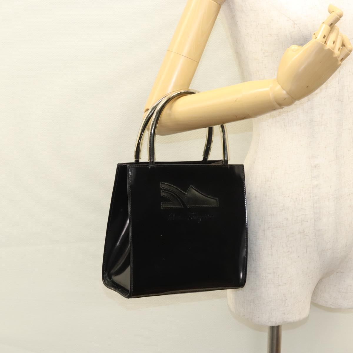 Salvatore Ferragamo Hand Bag Enamel Black Auth 119146
