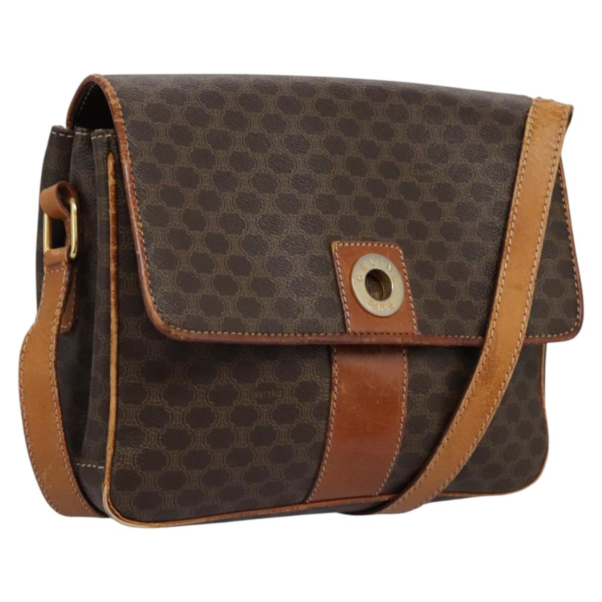 CELINE Macadam Canvas Shoulder Bag PVC Leather Brown Gold Auth 119165