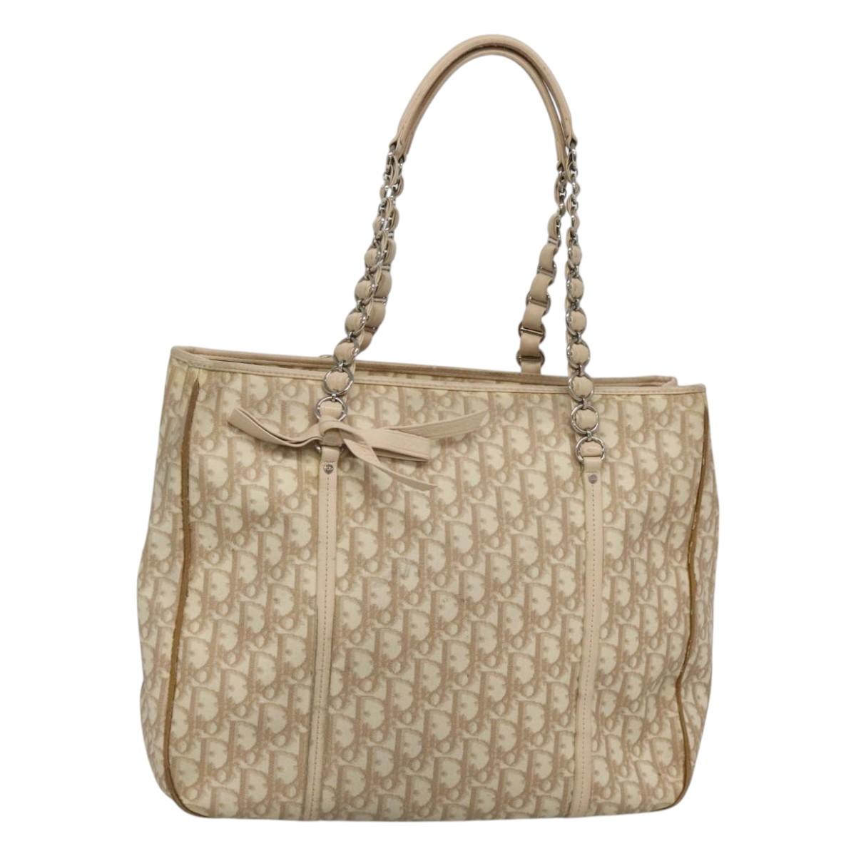 Christian Dior Romantic Chain Trotter Canvas Shoulder Bag PVC Beige Auth 119181