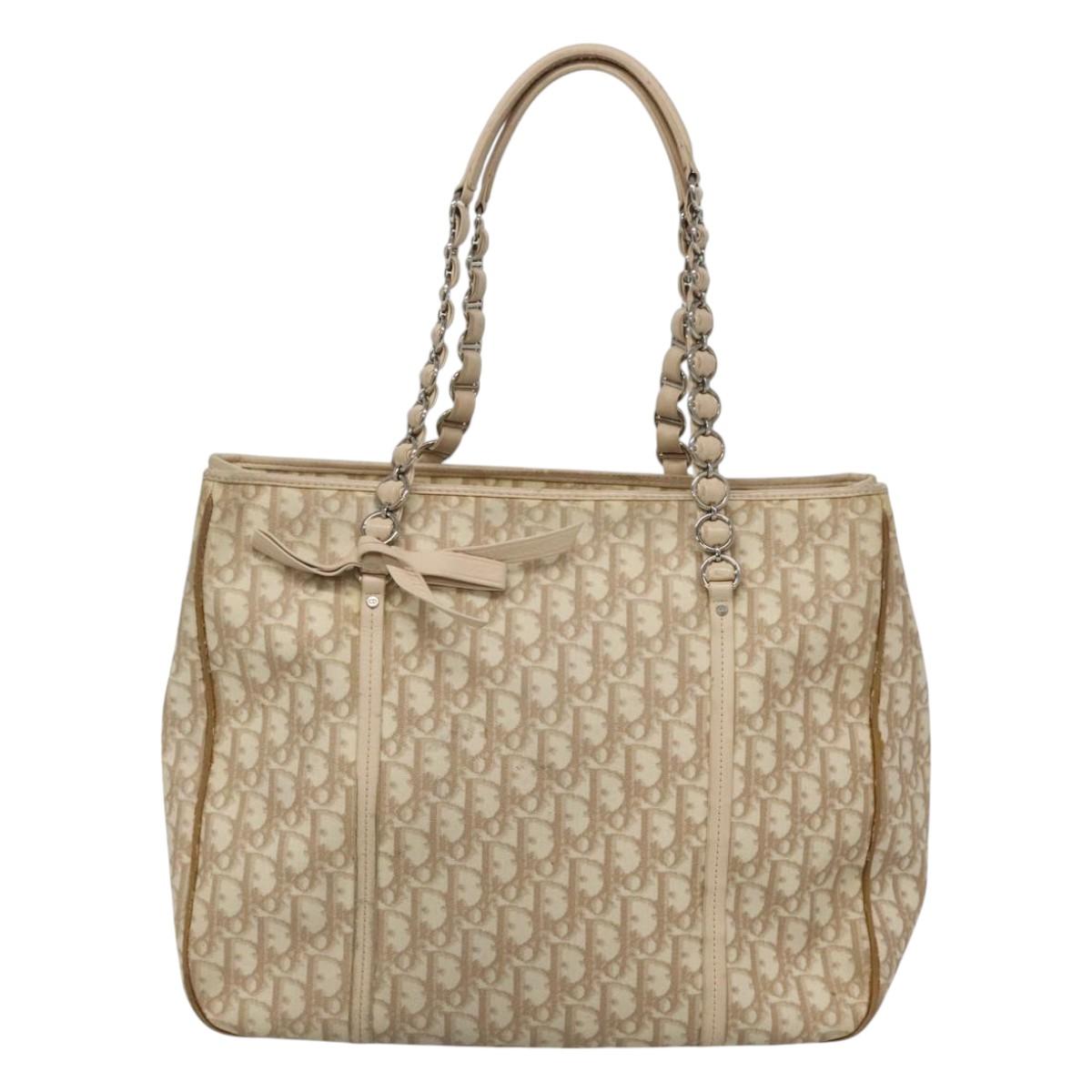 Christian Dior Romantic Chain Trotter Canvas Shoulder Bag PVC Beige Auth 119181