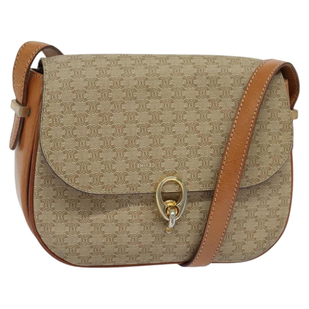 CELINE Macadam Canvas Shoulder Bag PVC Beige Gold Auth 119185