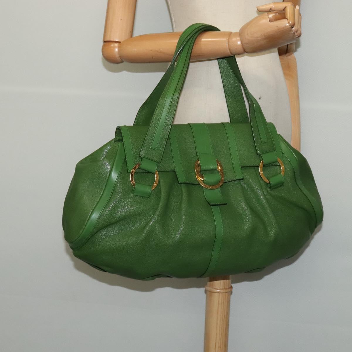BVLGARI Chandra Hand Bag Leather Gold Green Auth 119194