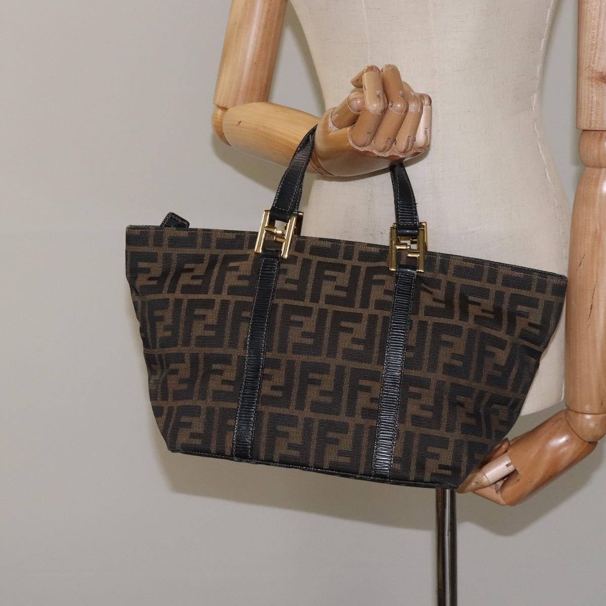 FENDI Zucca Canvas Hand Bag Black Brown gold Auth 119210