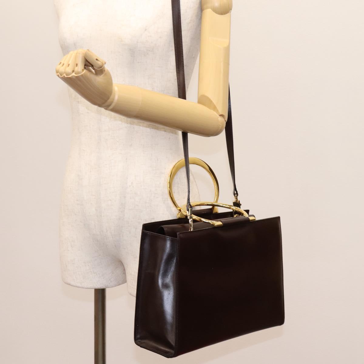 CELINE Hand Bag Leather 2way Brown Gold Auth 119212