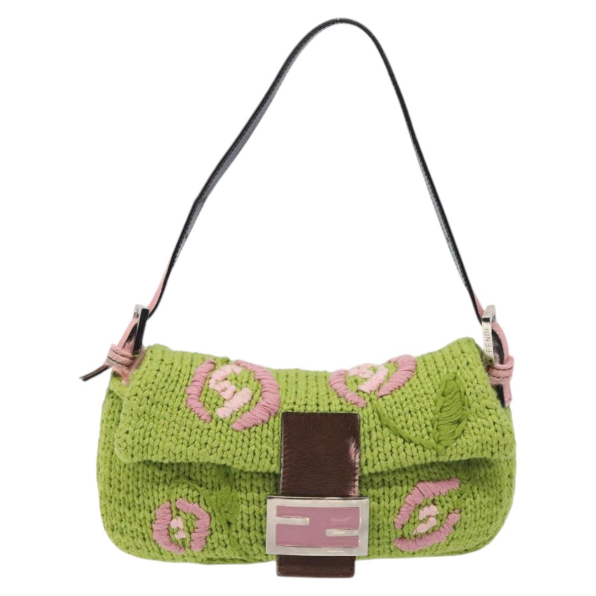 FENDI Mamma Baguette Shoulder Bag Wool Green Silver Auth 119238SV