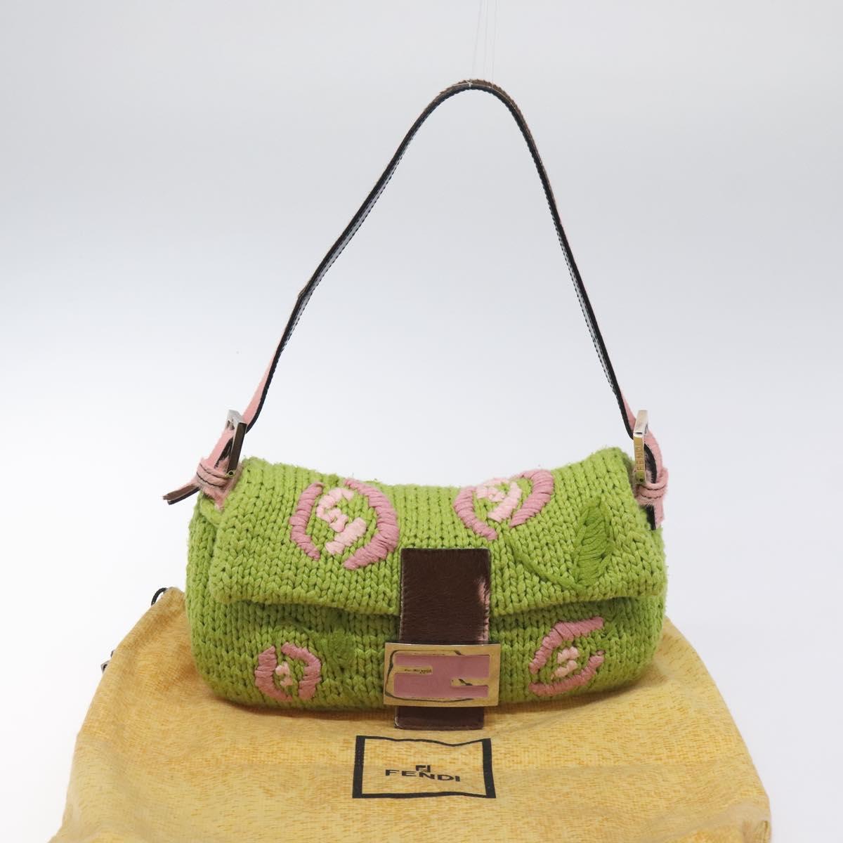 FENDI Mamma Baguette Shoulder Bag Wool Green Silver Auth 119238SV