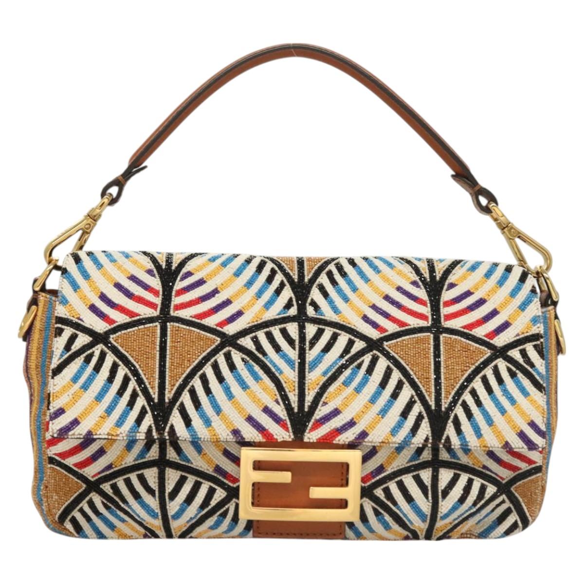 FENDI Mamma Baguette Shoulder Bag beads Beige Gold Auth 119241SV