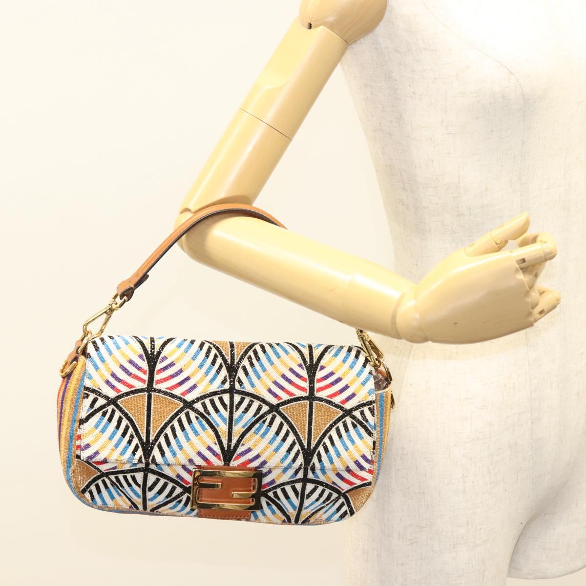 FENDI Mamma Baguette Shoulder Bag beads Beige Gold Auth 119241SV