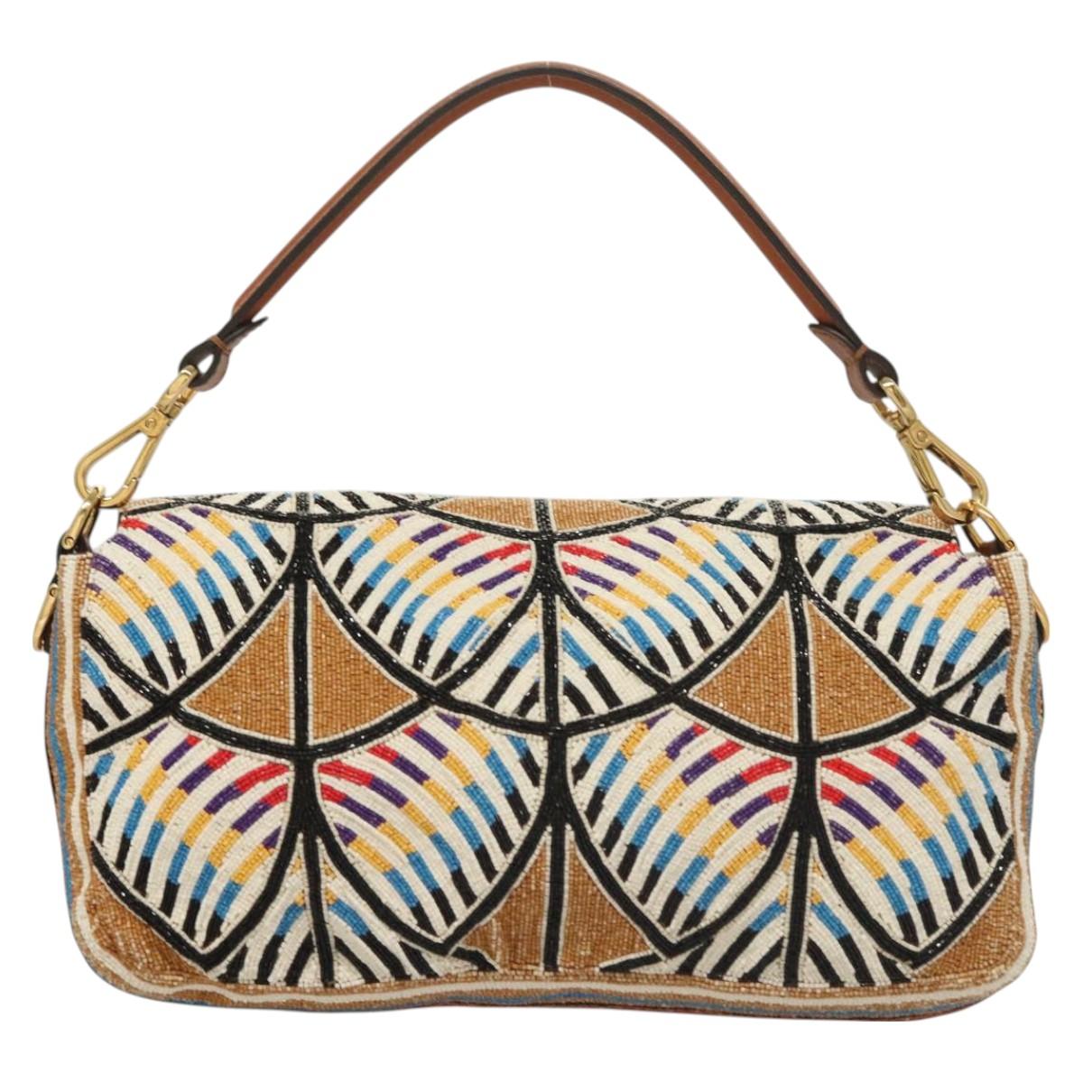 FENDI Mamma Baguette Shoulder Bag beads Beige Gold Auth 119241SV