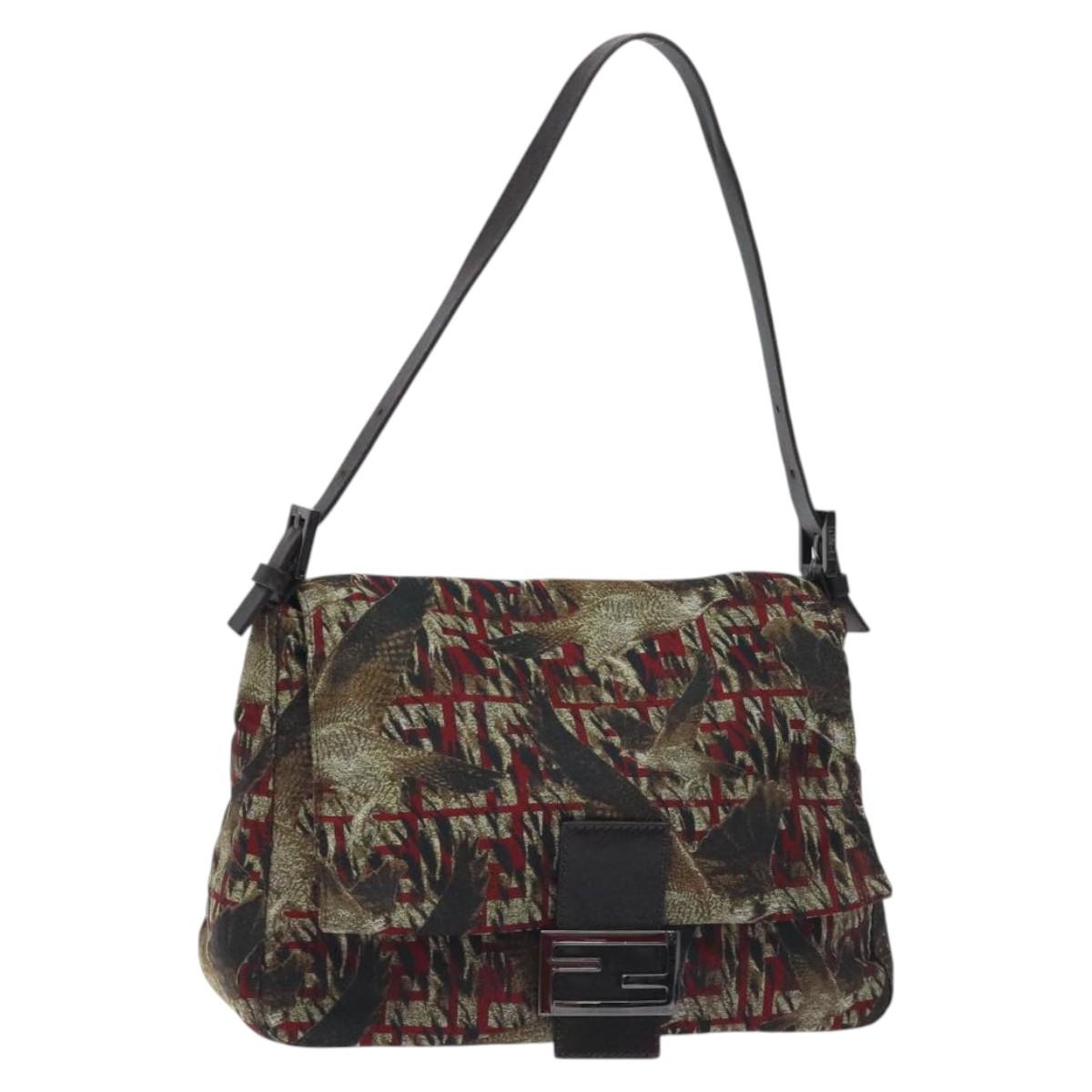 FENDI Mamma Baguette Shoulder Bag Nylon Brown Silver Auth 119242V