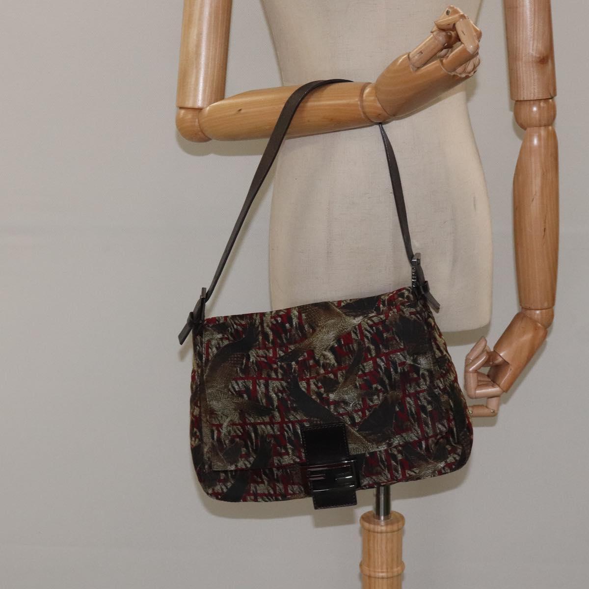 FENDI Mamma Baguette Shoulder Bag Nylon Brown Silver Auth 119242V