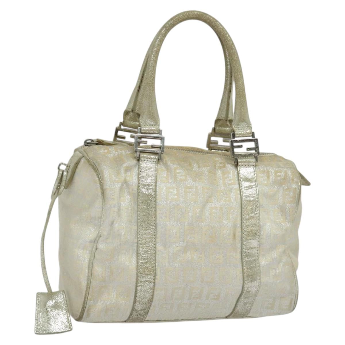 FENDI Zucchino Canvas Hand Bag Silver Auth 119320