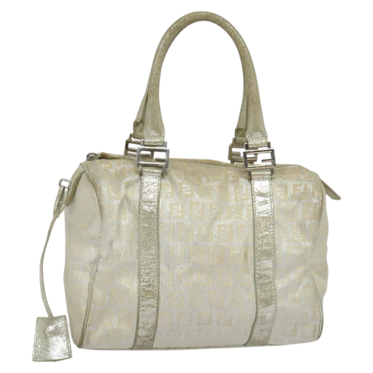 FENDI Zucchino Canvas Hand Bag Silver Auth 119320