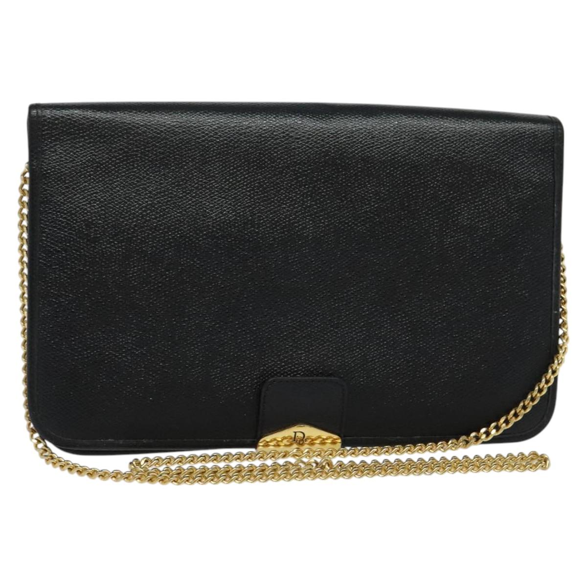 Christian Dior Chain Shoulder Bag Leather Navy Gold Auth 119333