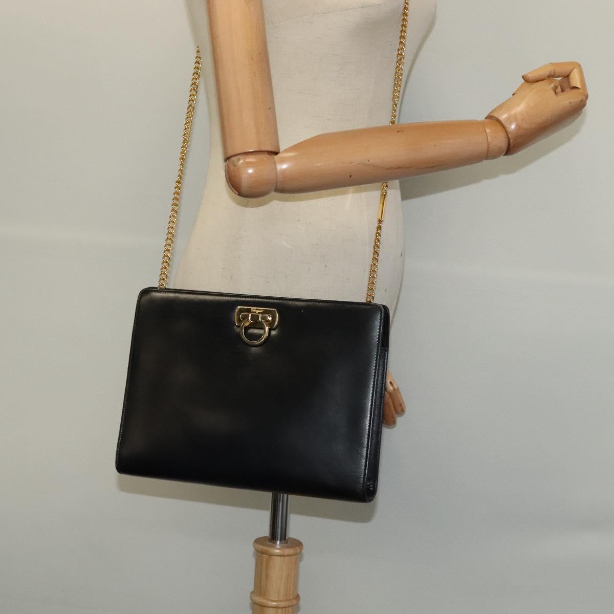 Salvatore Ferragamo Gancini Chain Shoulder Bag Leather Black Gold Auth 119395