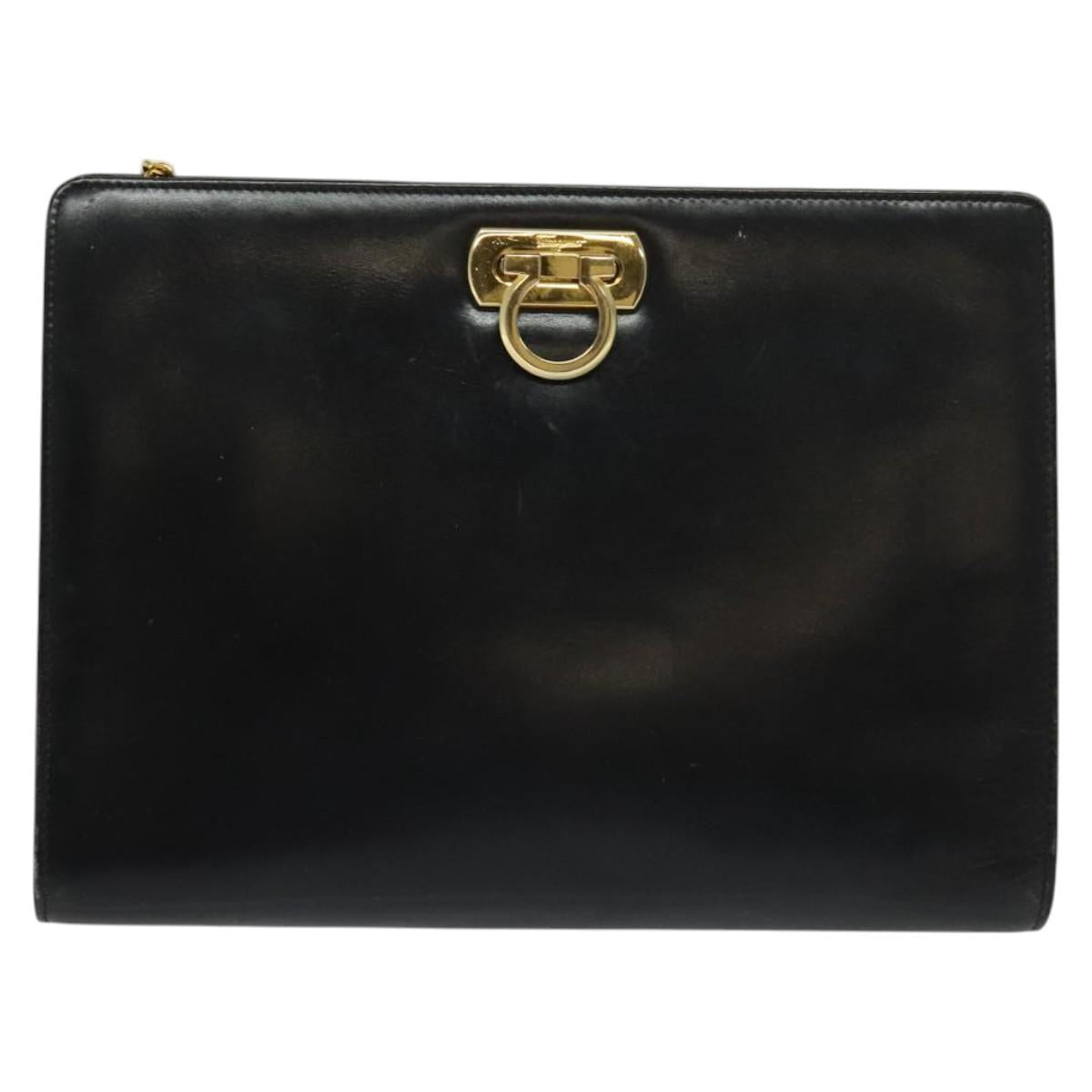 Salvatore Ferragamo Gancini Chain Shoulder Bag Leather Black Gold Auth 119395
