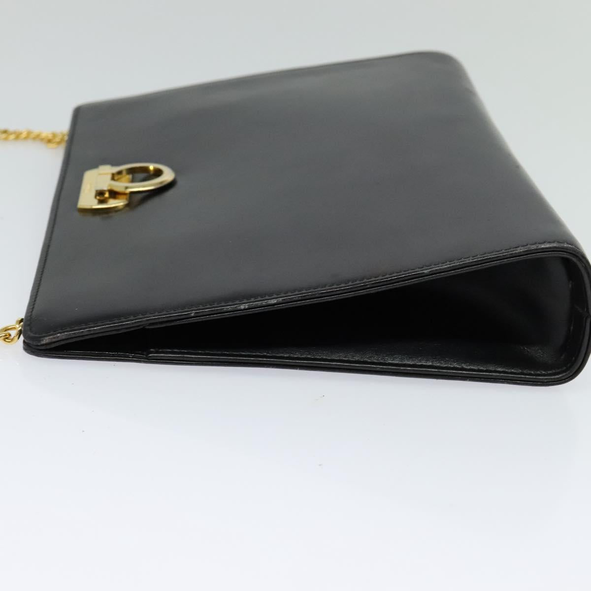 Salvatore Ferragamo Gancini Chain Shoulder Bag Leather Black Gold Auth 119395
