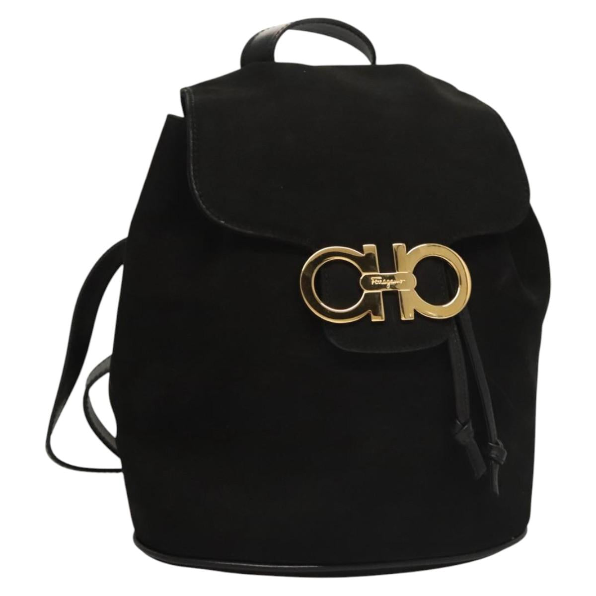 Salvatore Ferragamo Gancini Backpack Suede Black Gold Auth 119454