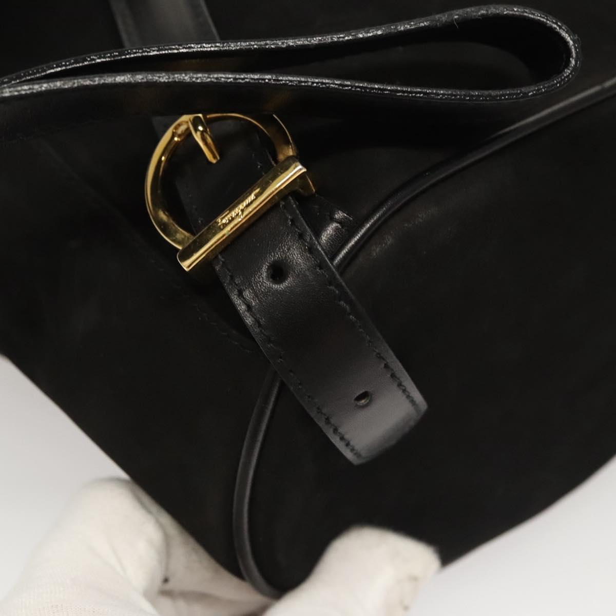 Salvatore Ferragamo Gancini Backpack Suede Black Gold Auth 119454