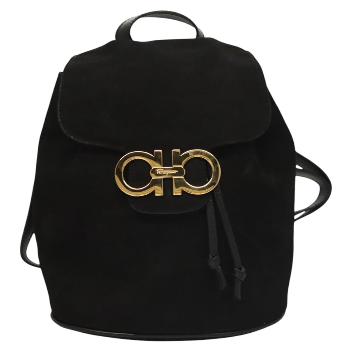 Salvatore Ferragamo Gancini Backpack Suede Black Gold Auth 119454