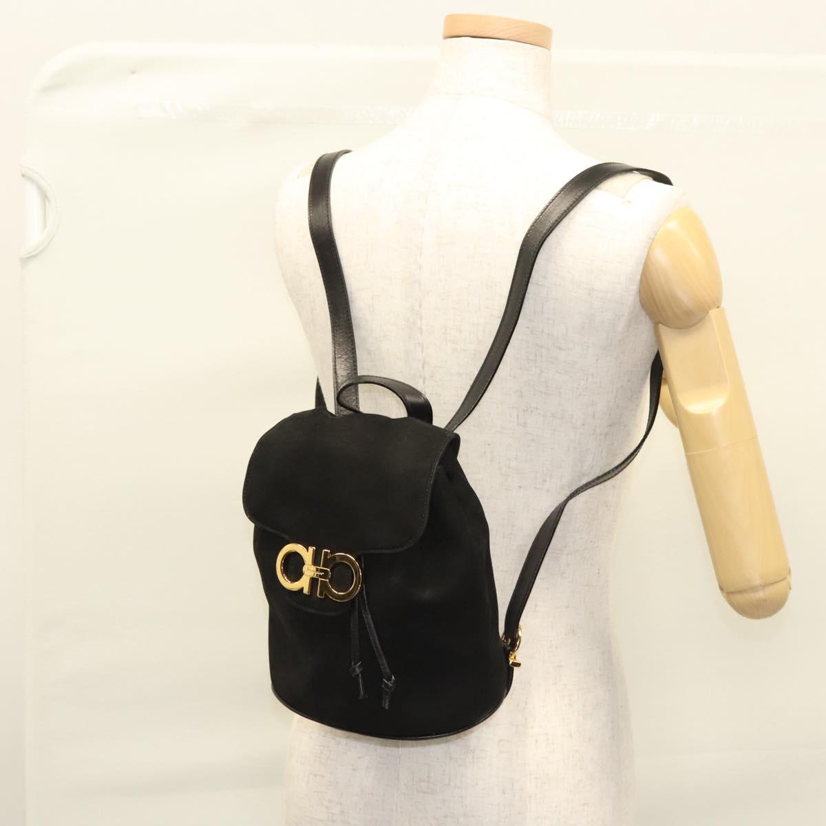 Salvatore Ferragamo Gancini Backpack Suede Black Gold Auth 119454