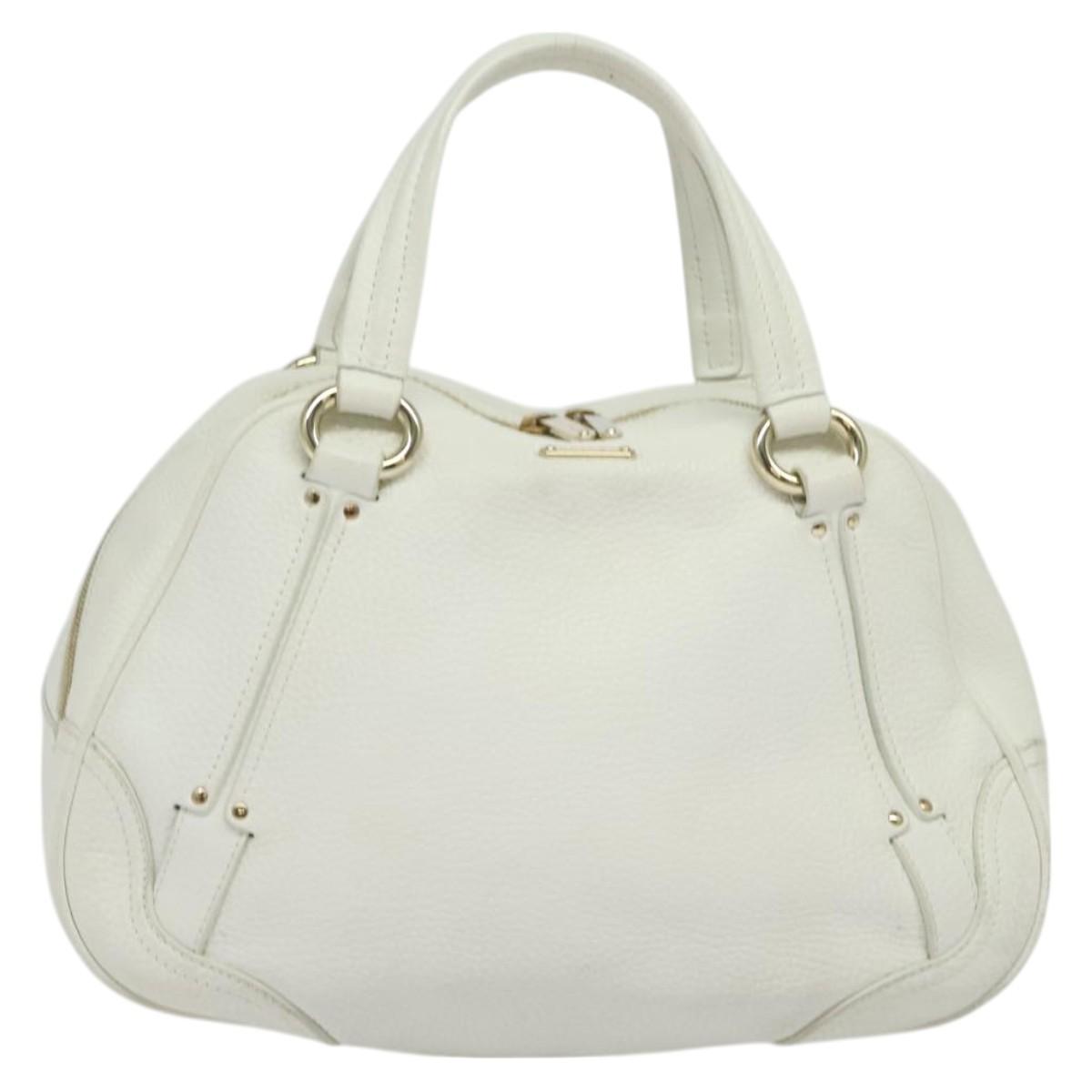 CELINE Hand Bag Leather White Gold Auth 119467