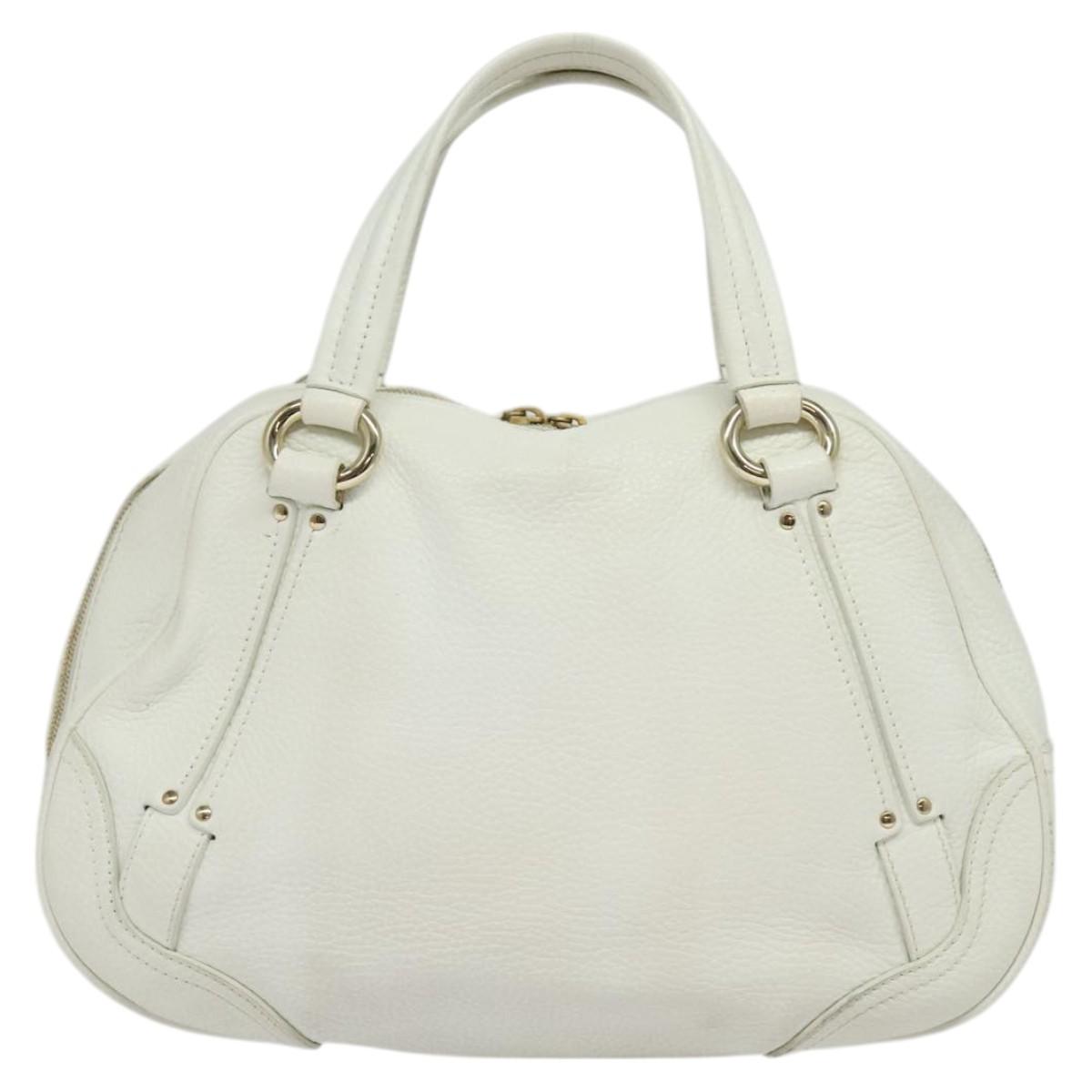 CELINE Hand Bag Leather White Gold Auth 119467