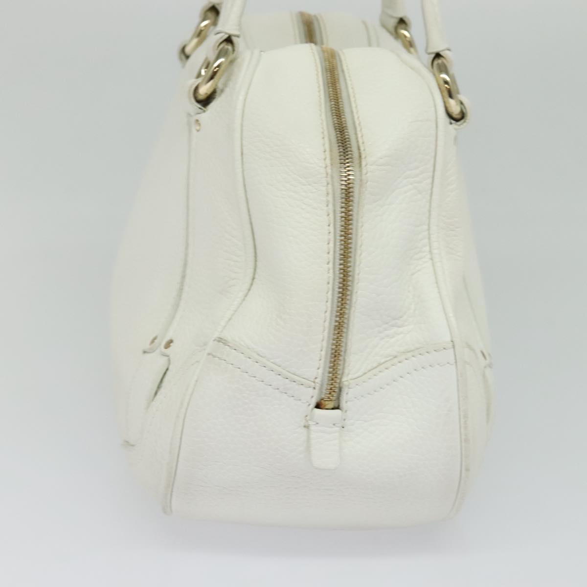 CELINE Hand Bag Leather White Gold Auth 119467