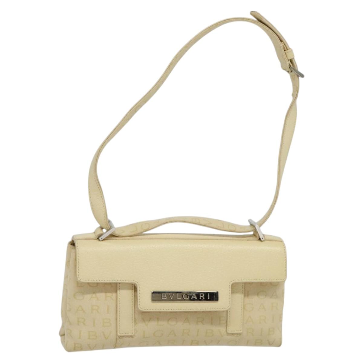 BVLGARI Logogram Shoulder Bag Canvas Beige Silver Auth 119550