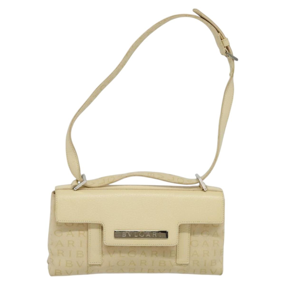 BVLGARI Logogram Shoulder Bag Canvas Beige Silver Auth 119550