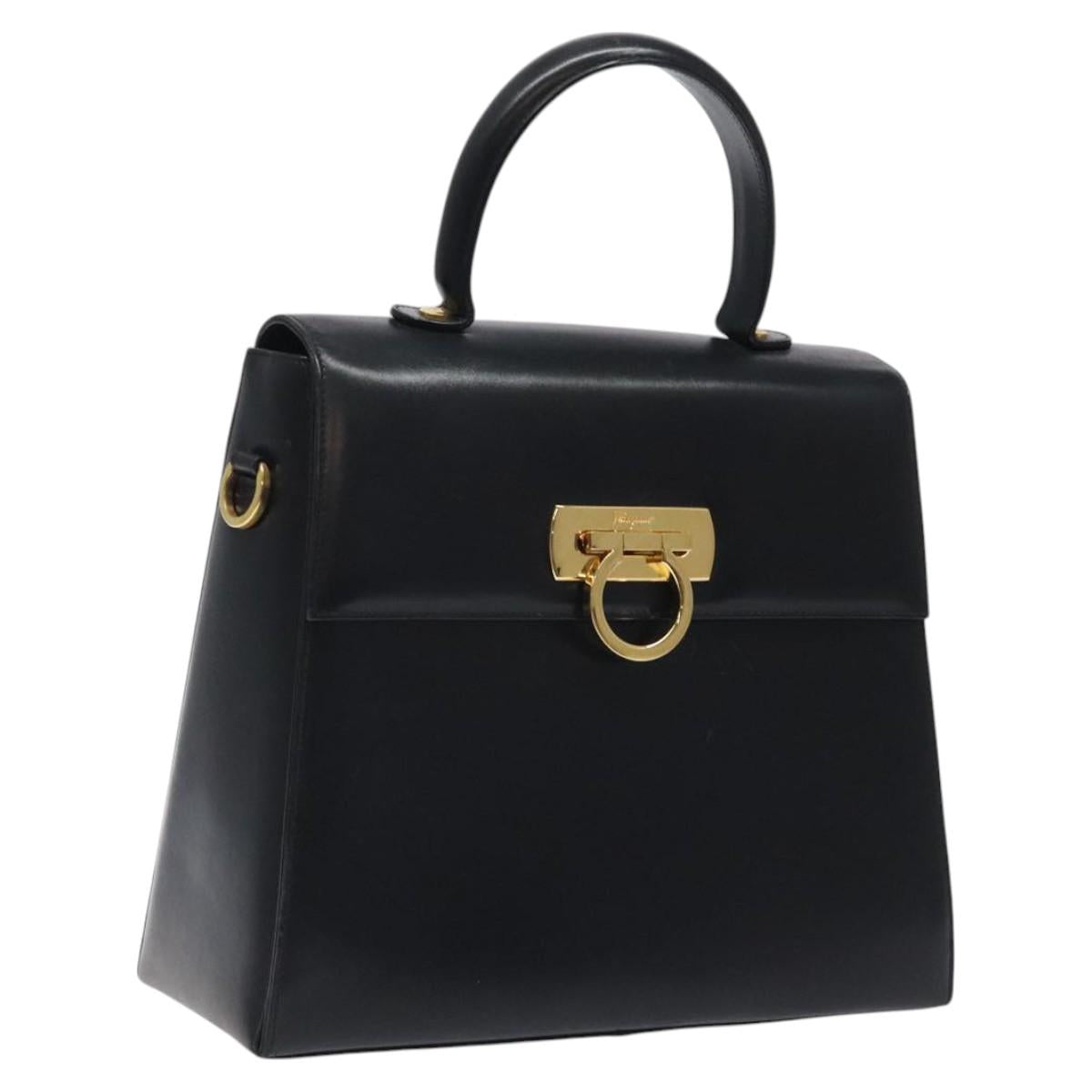 Salvatore Ferragamo Gancini Hand Bag Leather 2way Black Gold Auth 119596