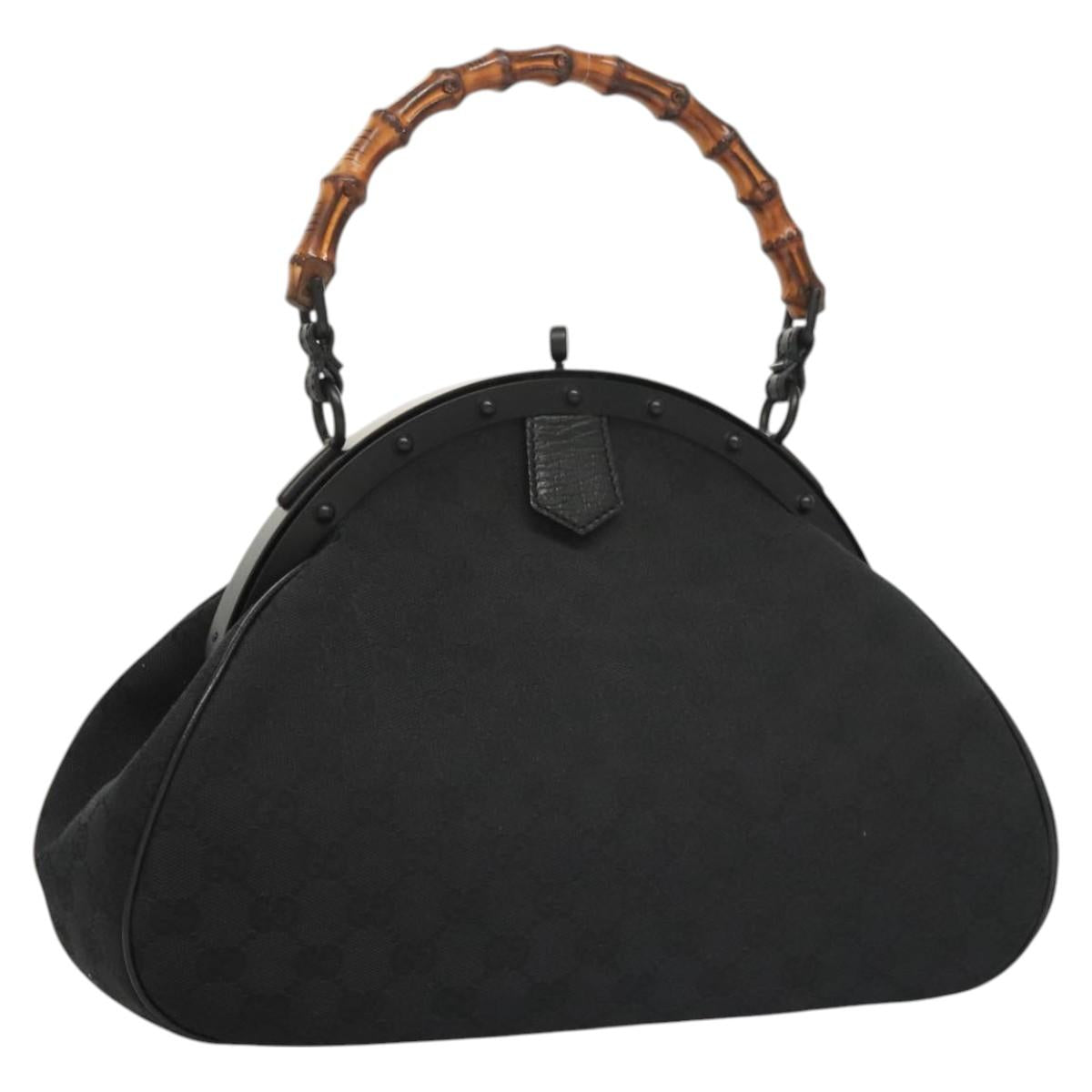GUCCI GG Canvas Bamboo Push Lock Hand Bag Black Auth 119629A