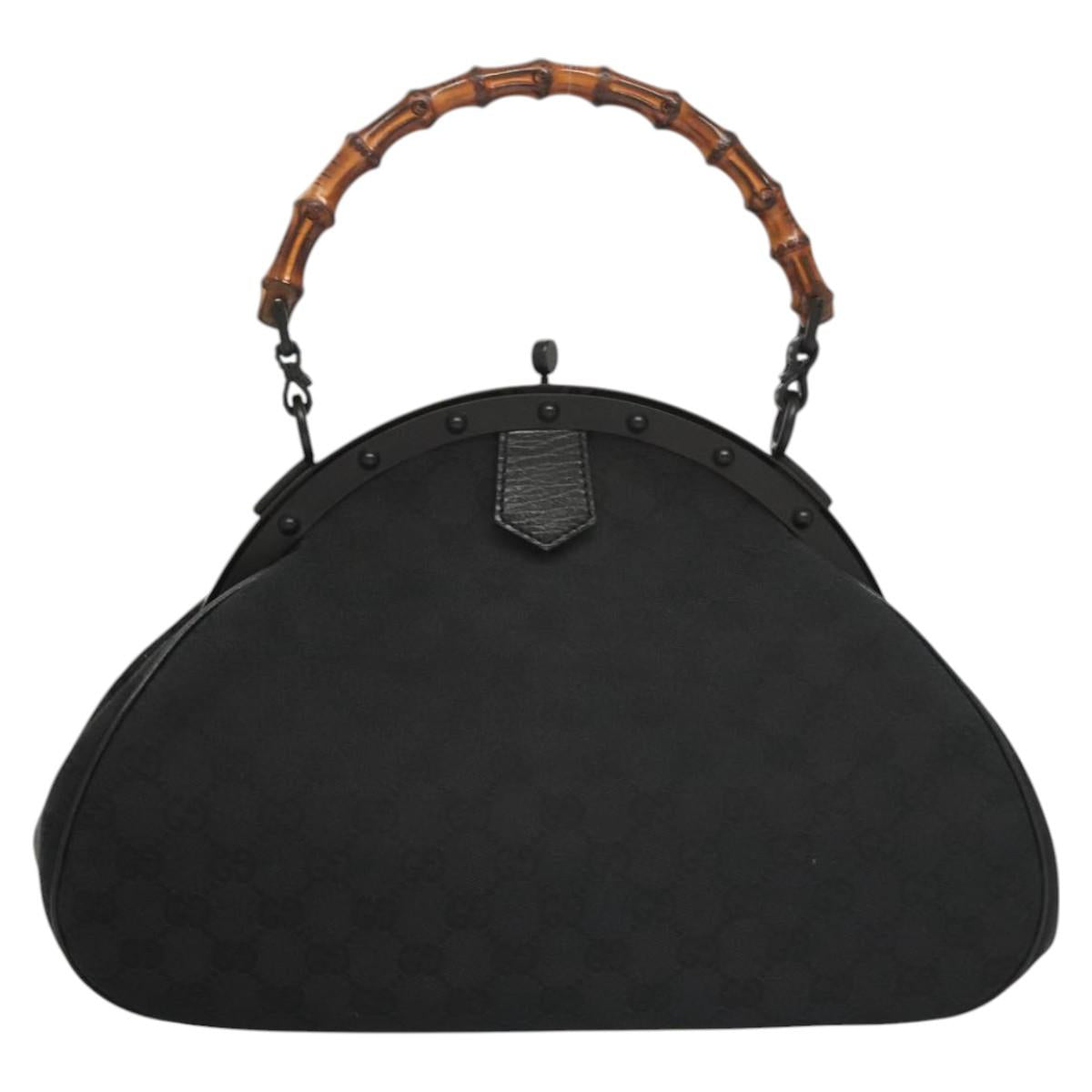 GUCCI GG Canvas Bamboo Push Lock Hand Bag Black Auth 119629A