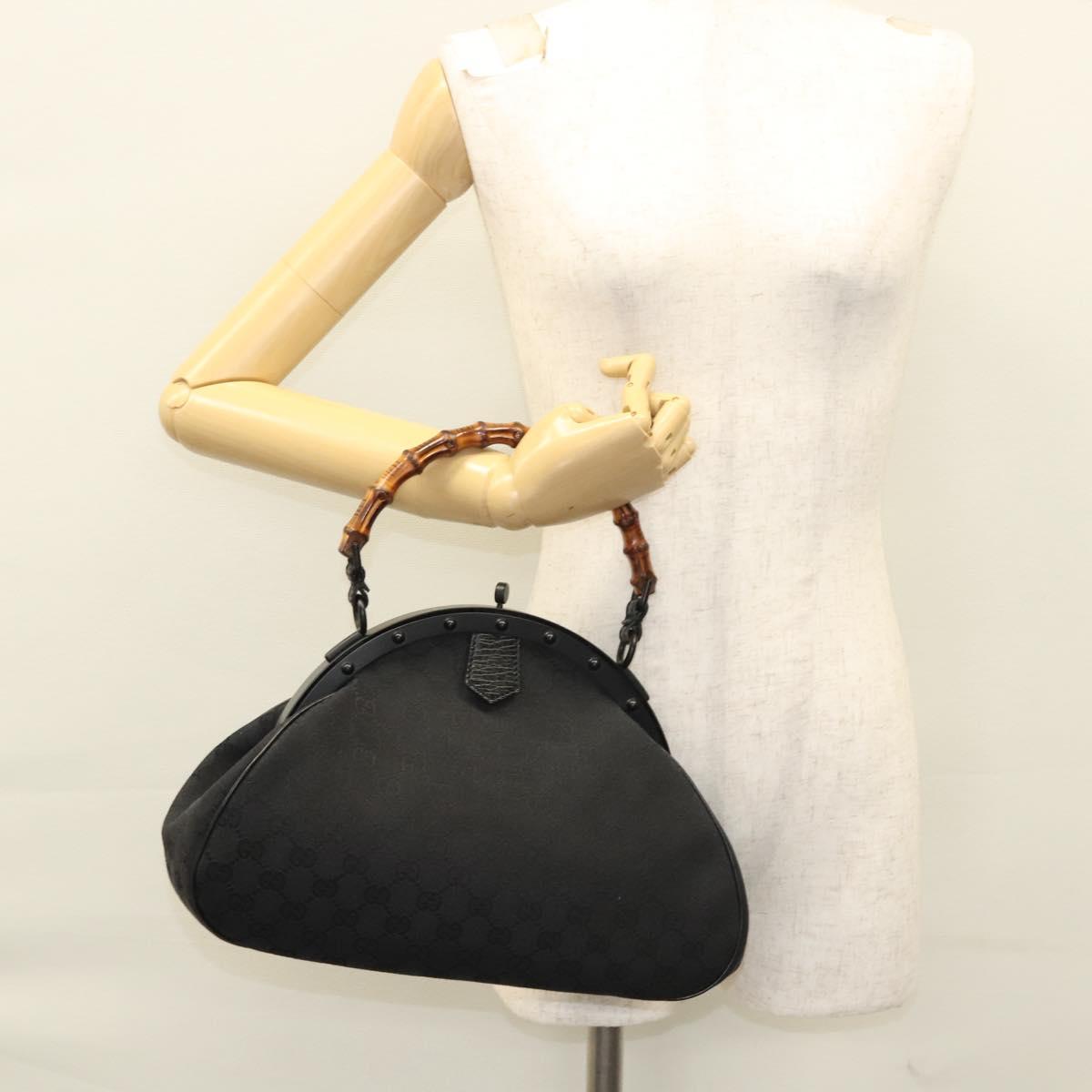 GUCCI GG Canvas Bamboo Push Lock Hand Bag Black Auth 119629A