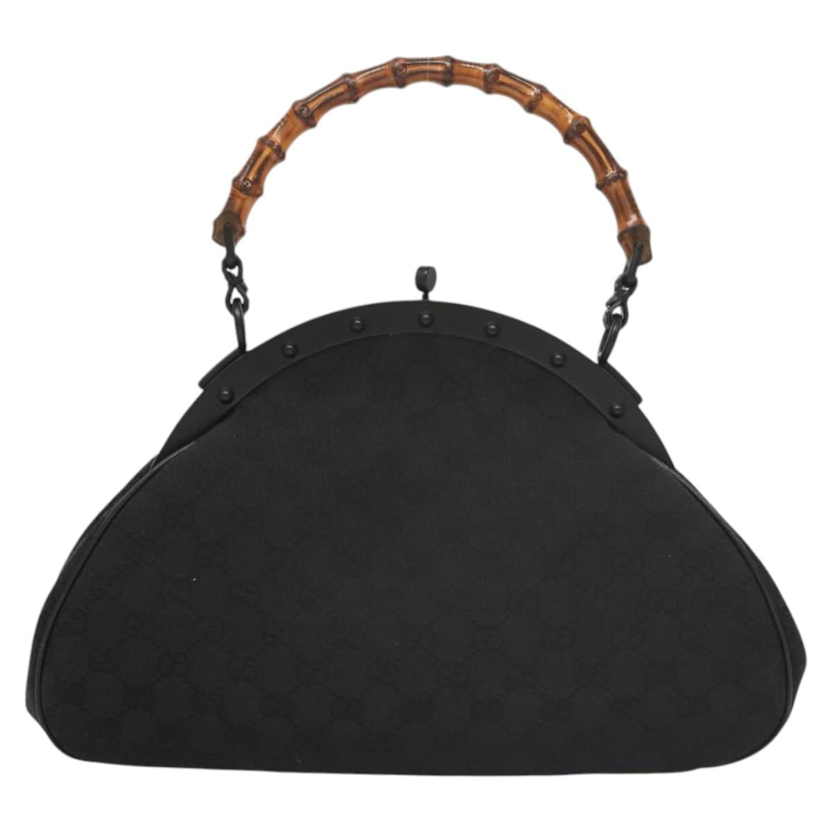 GUCCI GG Canvas Bamboo Push Lock Hand Bag Black Auth 119629A