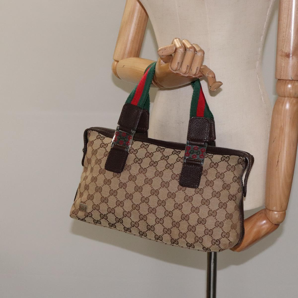 GUCCI GG Canvas Web Sherry Line Hand Bag Beige Silver 145759 Auth 119676