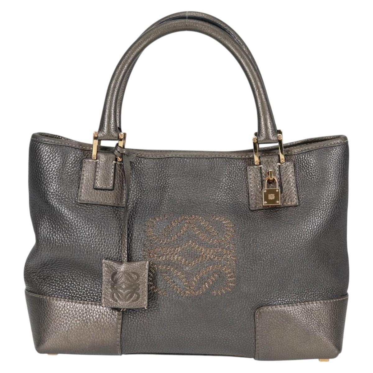 LOEWE Anagram Hand Bag Leather Silver gold Auth 119684AM