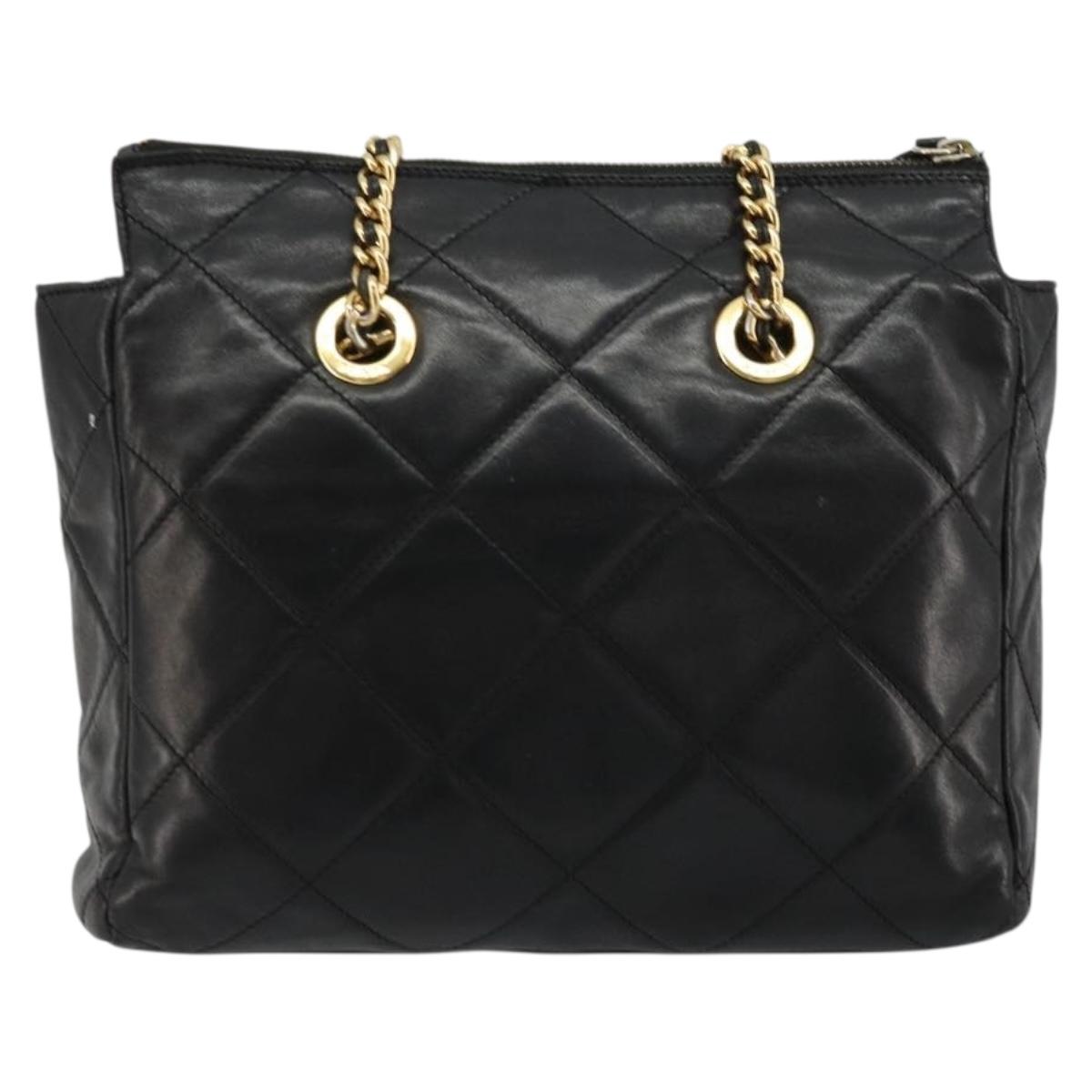 PRADA Quilted Chain Shoulder Bag Lamb Skin Black Gold Auth 119692